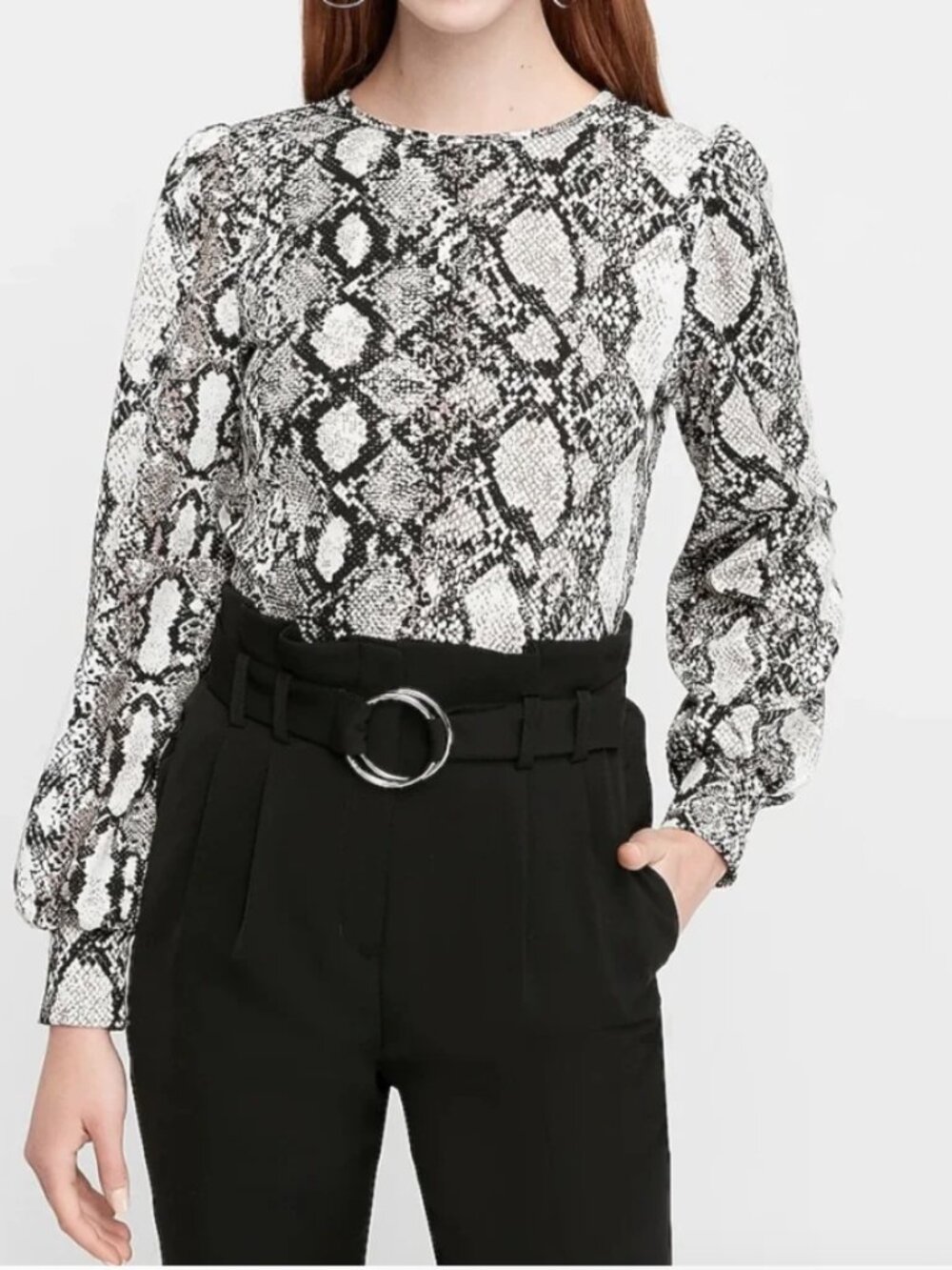 Express Black & White Snake Print Long Sleeve Blouse S